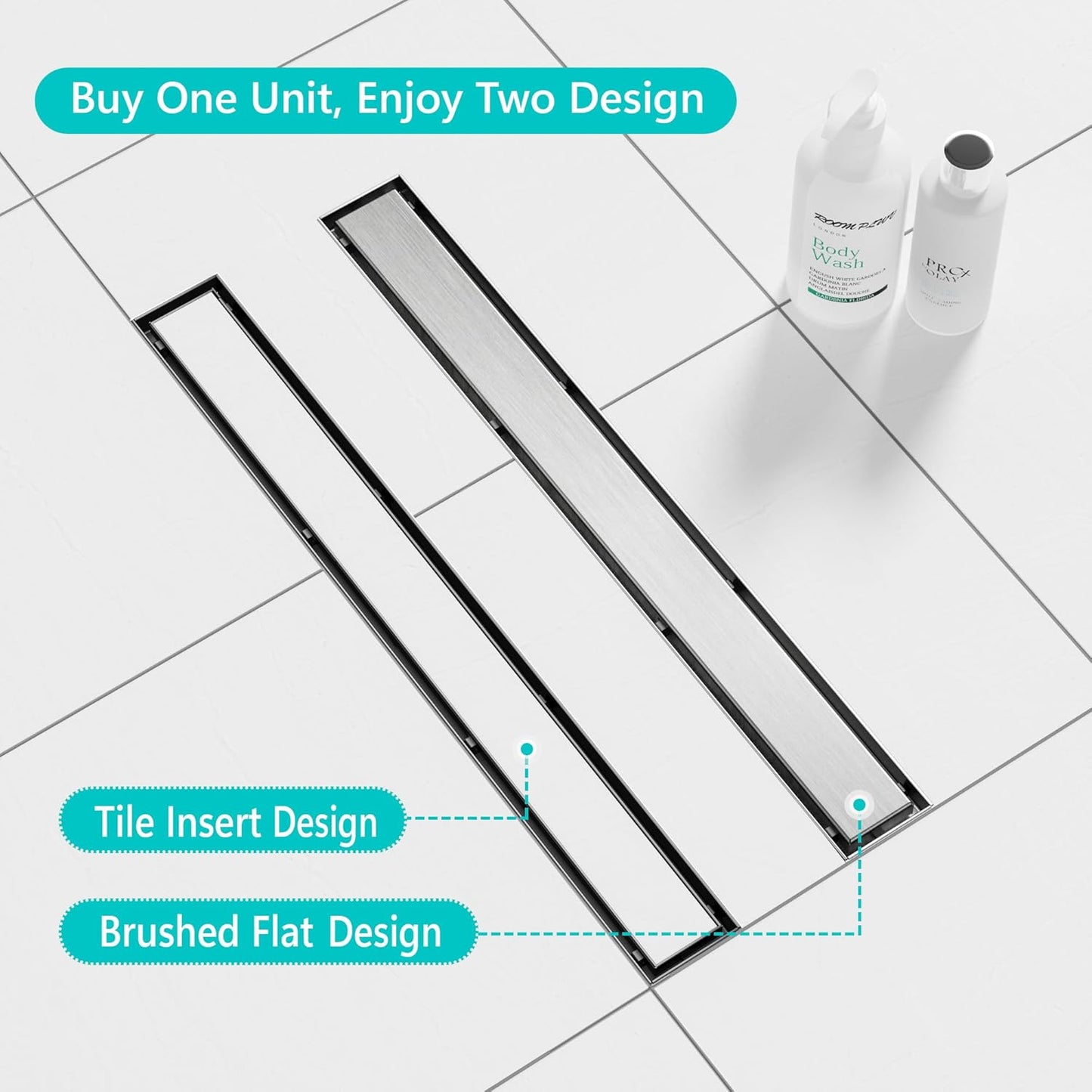 Linear Shower Drain with 2-In-1 Flat & Tile Insert Cover , 28 Inch